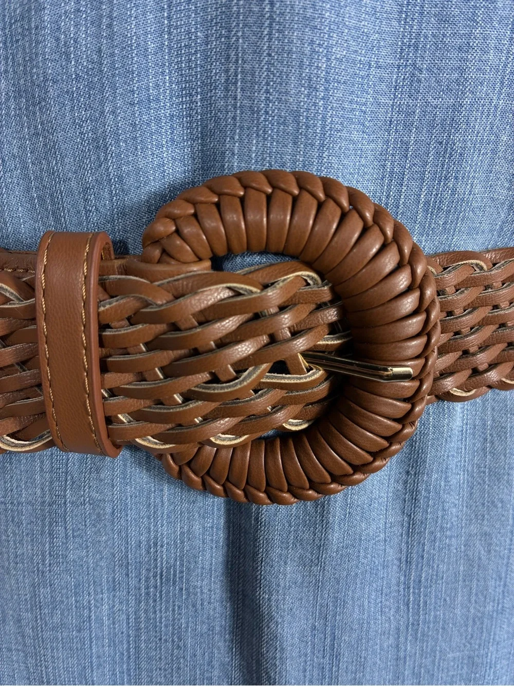 Womens belt 42” long Brown Woven faux Leather with Braided Round Buckle Boho